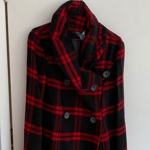 Red/black plaid tribal coat. Size 8.